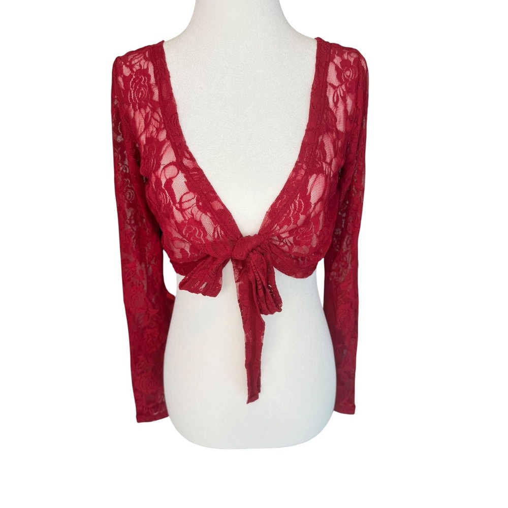 Bamba Red Floral Lace Tie Front Cropped Shrug Long Sleeve Sheer Bolero Top M
